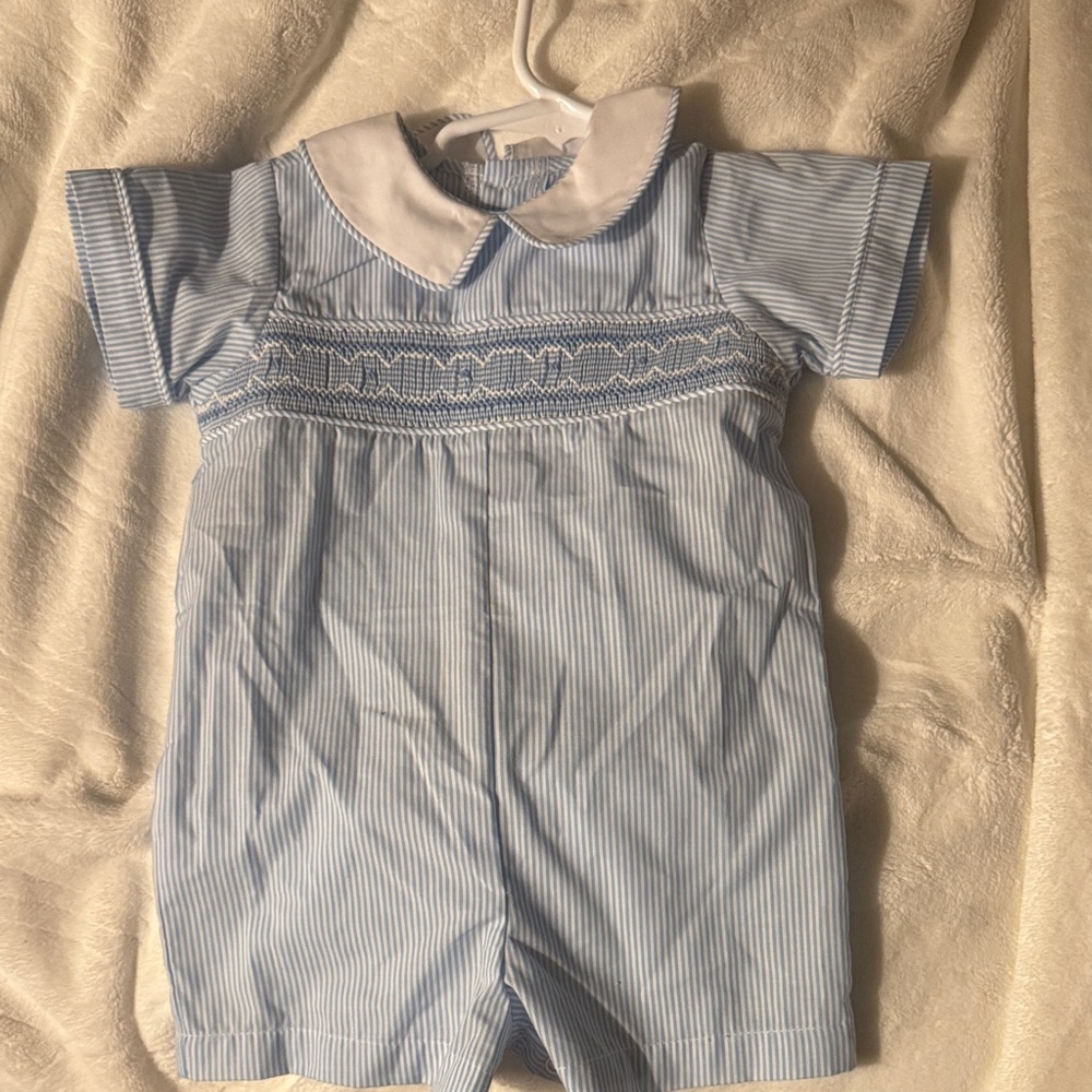 Blue Pinstripe Smocked Baby Romper with Peter Pan Collar